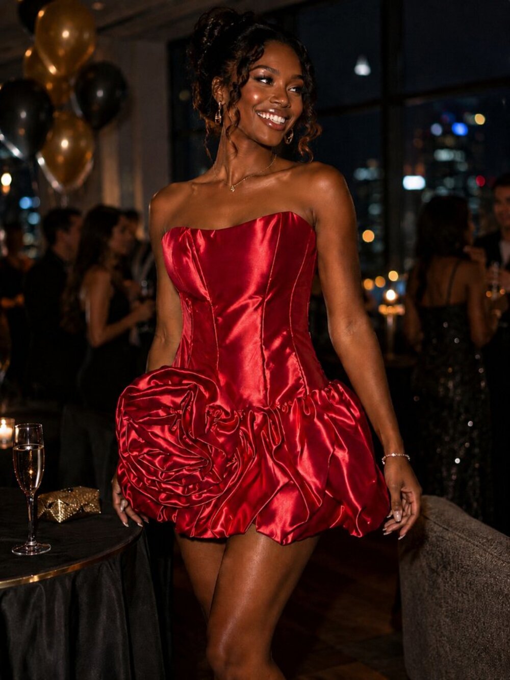 Jessica McClintock for Gunne Sax Red Satin Strapless Rosette Bubble Hem Cocktail